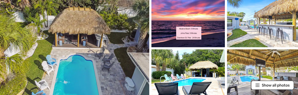 Sunshine Tiki Retreat bachelorette Airbnb St Pete pool cabana bar sleeps 14