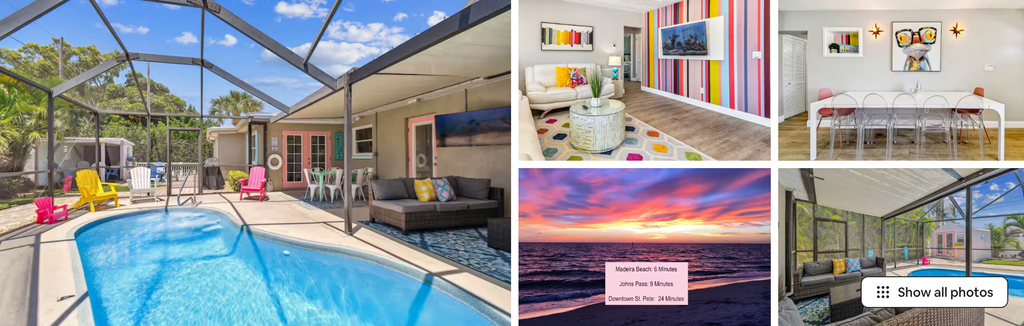 Colorful Pool Paradise bachelorette Airbnb St Pete with bungalow