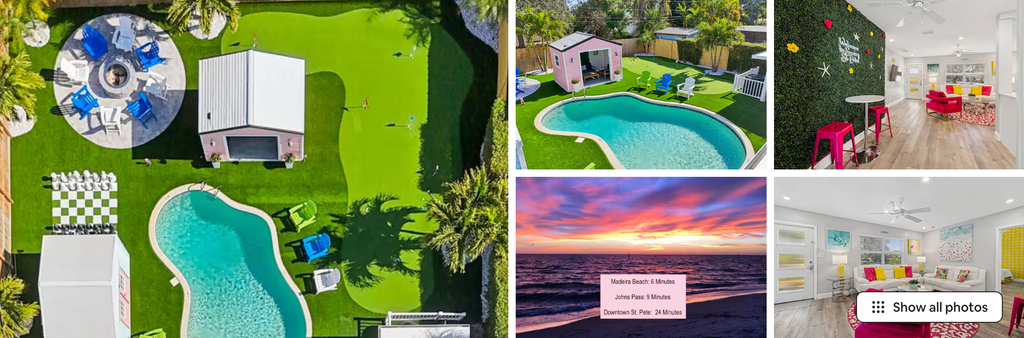 Resort Home Pink Bungalow putting green bachelorette Airbnb St Pete sleeps 16